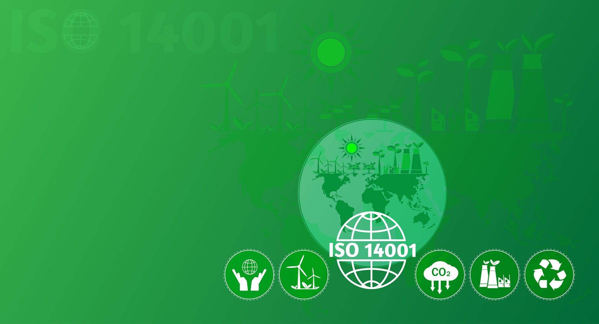 ISO 14001 concept. Businessman touch virtual icon of ISO 14001 certified for environmental management systems